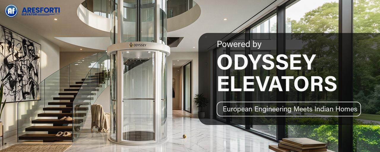 Modern interior lobby with glass elevator, staircase, and “Powered by ODYSSEY ELEVATORS” promotional overlay.